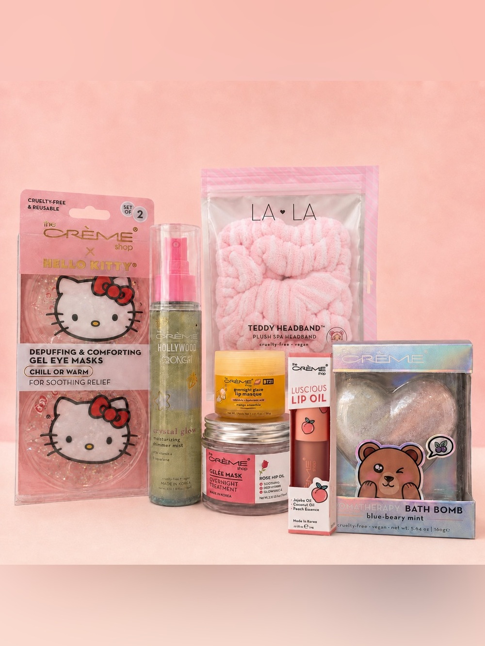 The Creme Shop Spa Night Gift Set Lip Oil Masks Bath Bomb 7 Pieces